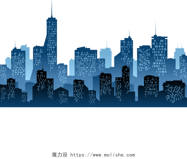 城市剪影三层蓝色都市建筑剪影矢量素材